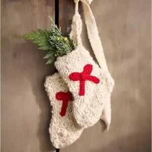 Terrain. Handcrafted Cream Wool Stockings with Red Bow Accents. NEW. 100% Wool.